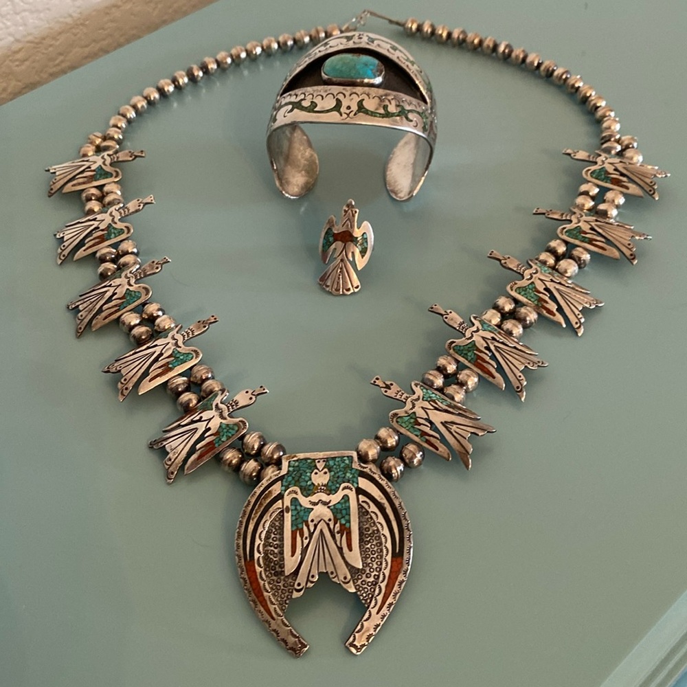 Silver Handmade Vintage Squash Blossom Necklace, Bracelet, Ring - Picture 2 of 16